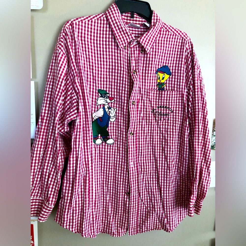 Vintage ACME CLOTHING Red Gingham Blouse Shirt  TWEETY BIRD & SYLVESTER  Size XL
